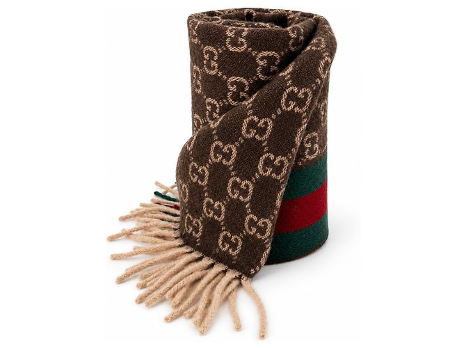 Gucci Sciarpa in cashmere e lana Monogram Brown con striscia Web verde e rossa - vista 3