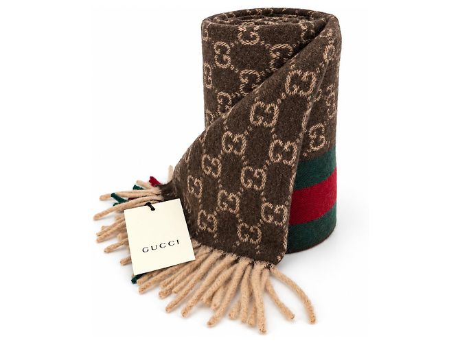 Gucci Sciarpa in cashmere e lana Monogram Brown con striscia Web verde e rossa - vista 4