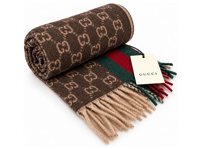 Gucci Sciarpa in cashmere e lana Monogram Brown con striscia Web verde e rossa - vista 5