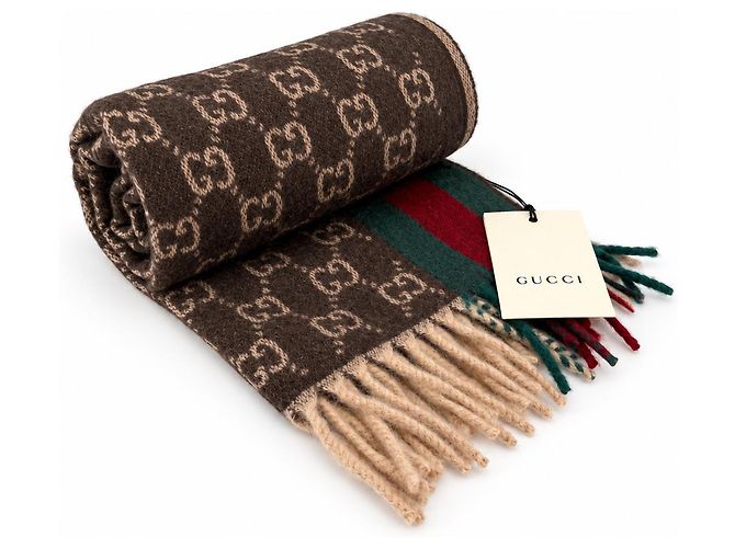 Gucci Sciarpa in cashmere e lana Monogram Brown con striscia Web verde e rossa - vista 6