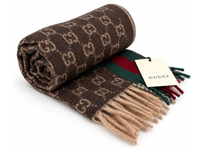 Gucci Sciarpa in cashmere e lana Monogram Brown con striscia Web verde e rossa - vista 7