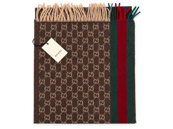 Gucci Sciarpa in cashmere e lana Monogram Brown con striscia Web verde e rossa - vista 8