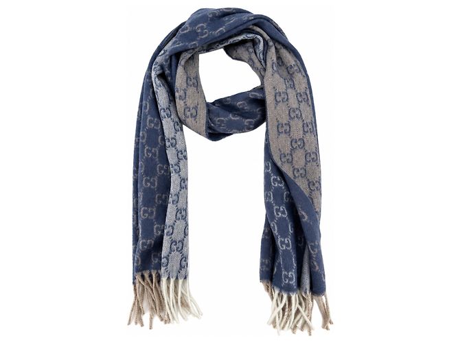 Gucci Sciarpa in cashmere e lana blu Monogram con frange beige e crema - vista 2
