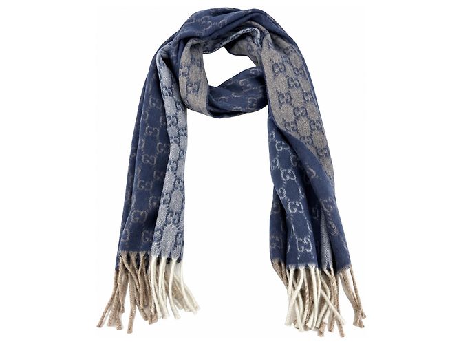 Gucci Sciarpa in cashmere e lana blu Monogram con frange beige e crema - vista 3