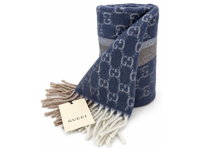 Gucci Sciarpa in cashmere e lana blu Monogram con frange beige e crema - vista 4