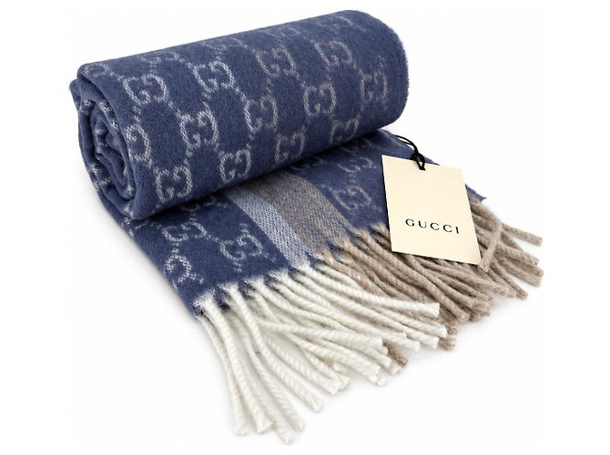 Gucci Sciarpa in cashmere e lana blu Monogram con frange beige e crema - vista 5