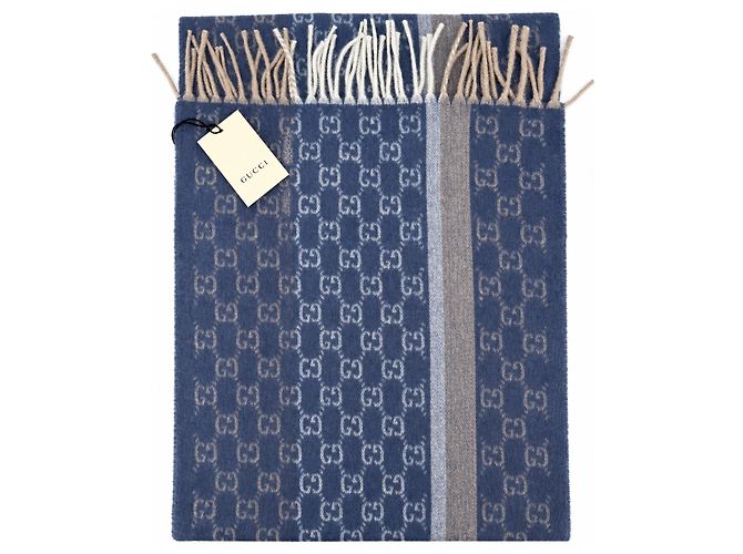 Gucci Sciarpa in cashmere e lana blu Monogram con frange beige e crema - vista 6