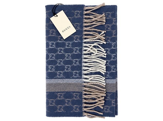 Gucci Sciarpa in cashmere e lana blu Monogram con frange beige e crema - vista 7