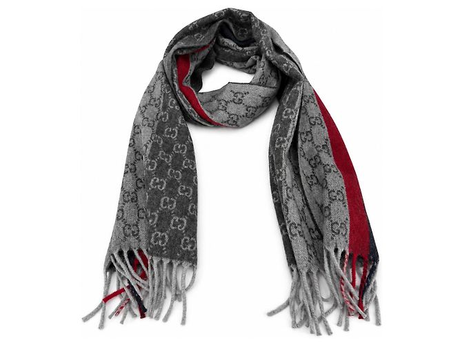 Gucci Sciarpa in cashmere e lana grigia Monogram con striscia rossa e nera - vista 2