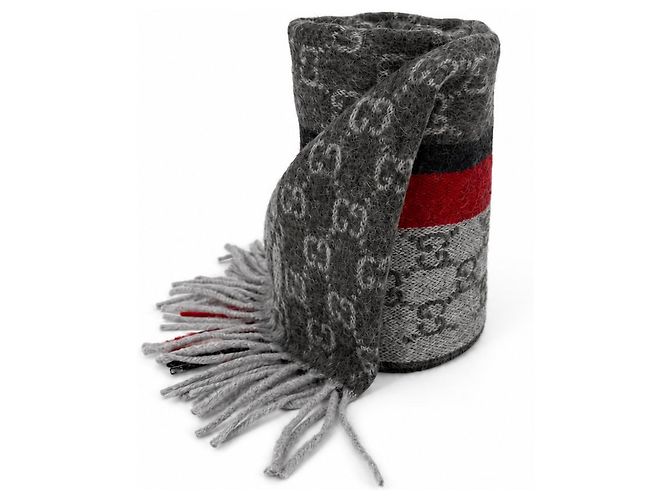 Gucci Sciarpa in cashmere e lana grigia Monogram con striscia rossa e nera - vista 3