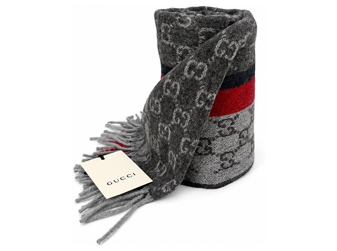 Gucci Sciarpa in cashmere e lana grigia Monogram con striscia rossa e nera - vista 4