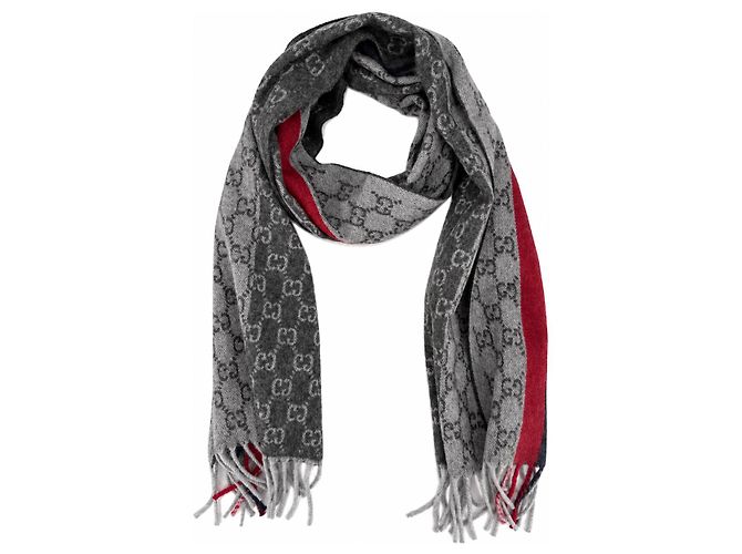 Gucci Sciarpa in cashmere e lana grigia Monogram con striscia rossa e nera - vista 5