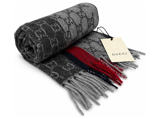 Gucci Sciarpa in cashmere e lana grigia Monogram con striscia rossa e nera - vista 6