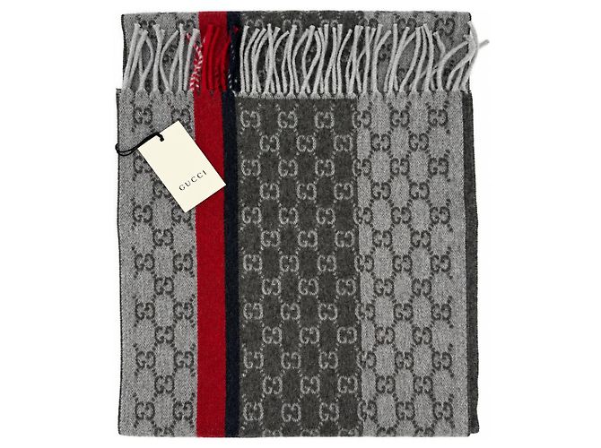 Gucci Sciarpa in cashmere e lana grigia Monogram con striscia rossa e nera - vista 7