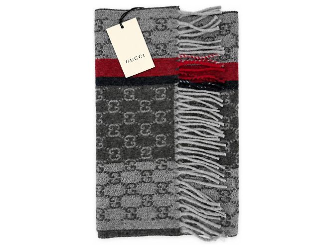 Gucci Sciarpa in cashmere e lana grigia Monogram con striscia rossa e nera - vista 8