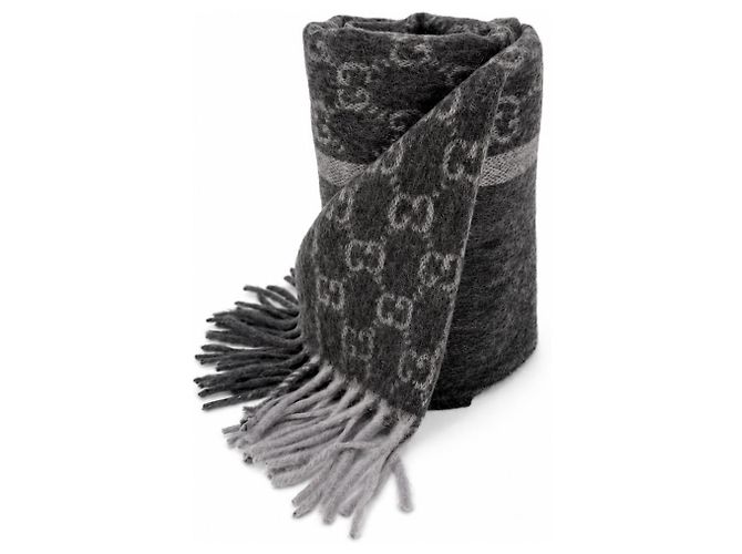 Gucci Monogram Schal aus Kaschmir und Wolle in Anthrazitgrau mit Fransen - Ansicht 4