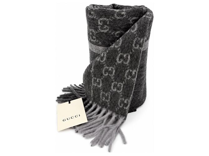 Gucci Monogram Schal aus Kaschmir und Wolle in Anthrazitgrau mit Fransen - Ansicht 5