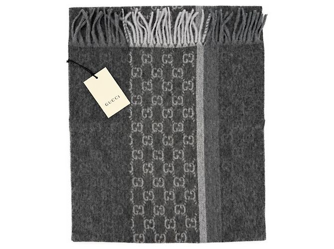 Gucci Monogram Schal aus Kaschmir und Wolle in Anthrazitgrau mit Fransen - Ansicht 7