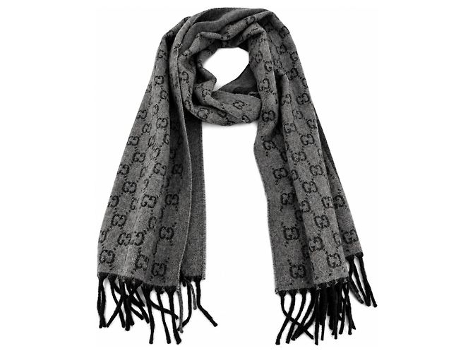 Gucci Écharpe en laine grise Monogram avec franges - vue 2