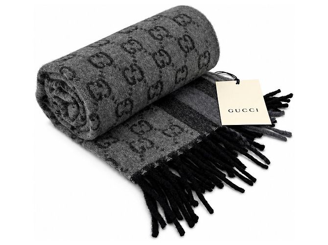 Gucci Écharpe en laine grise Monogram avec franges - vue 3