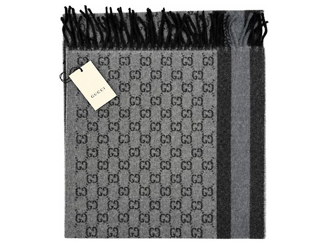 Gucci Écharpe en laine grise Monogram avec franges - vue 4