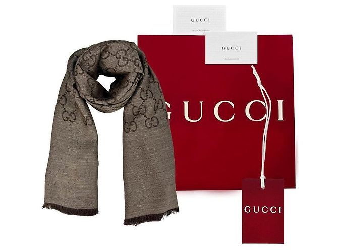 Gucci Sciarpa in lana e seta marrone bicolore stamp: - vista 19
