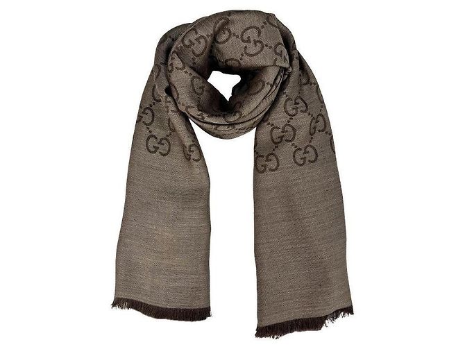 Gucci Sciarpa in lana e seta marrone bicolore stamp: - vista 9