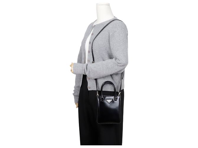 Prada Borsa Tote Small in Pelle Spazzolata con Logo Triangle Nero - vista 14