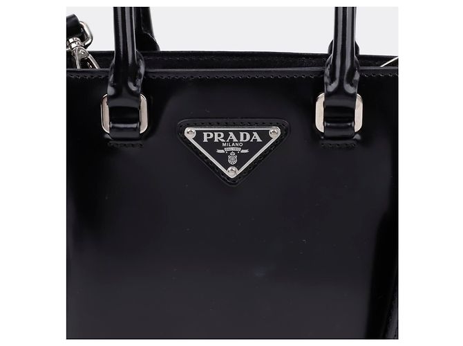 Prada Borsa Tote Small in Pelle Spazzolata con Logo Triangle Nero - vista 2