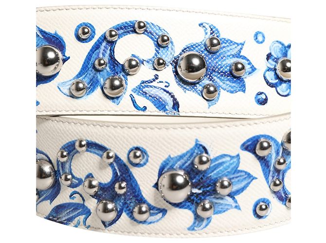 Dolce & Gabbana Tracolla accessorio in pelle con borchie floreali bianco e blu - vista 4