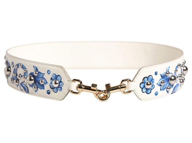 Dolce & Gabbana Tracolla accessorio in pelle con borchie floreali bianco e blu - vista 6