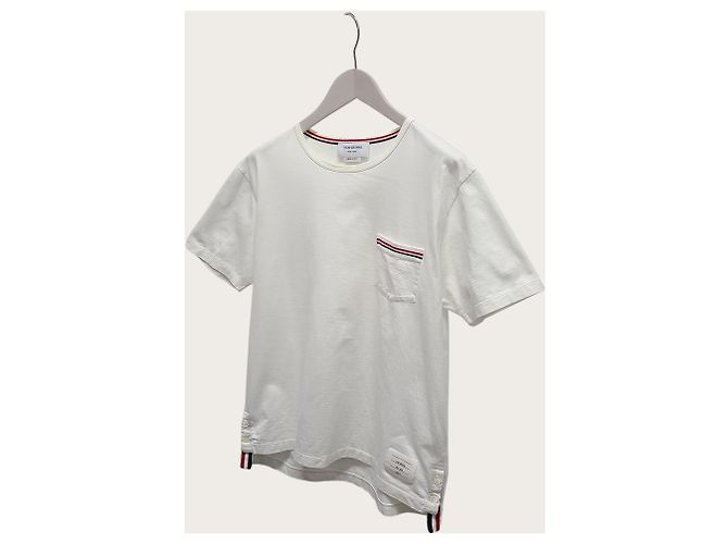 Thom Browne Weiß gestreiftes Kurzarm-T-Shirt mit Tasche - Ansicht 2