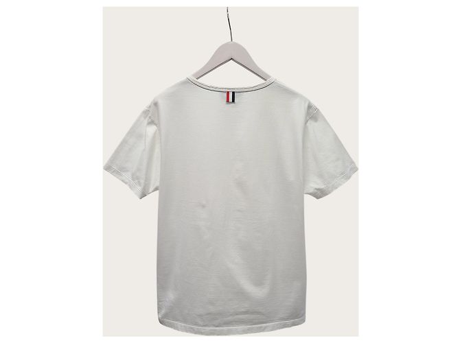 Thom Browne Weiß gestreiftes Kurzarm-T-Shirt mit Tasche - Ansicht 4