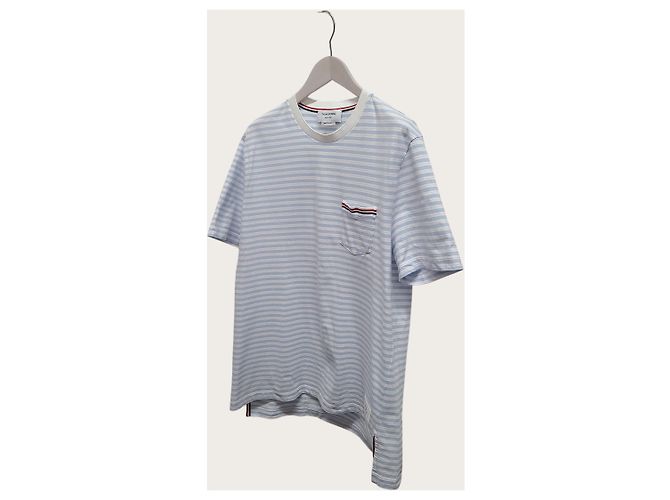 Thom Browne Kurzarm-T-Shirt aus Jersey mit Tasche, hellblau-weiß gestreift - Ansicht 2