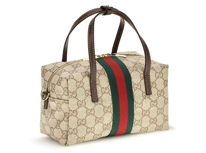 Borsa Gucci Mini Boston beige in canvas GG con striscia Web - vista 2