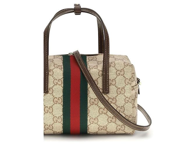 Borsa Gucci Mini Boston beige in canvas GG con striscia Web - vista 4