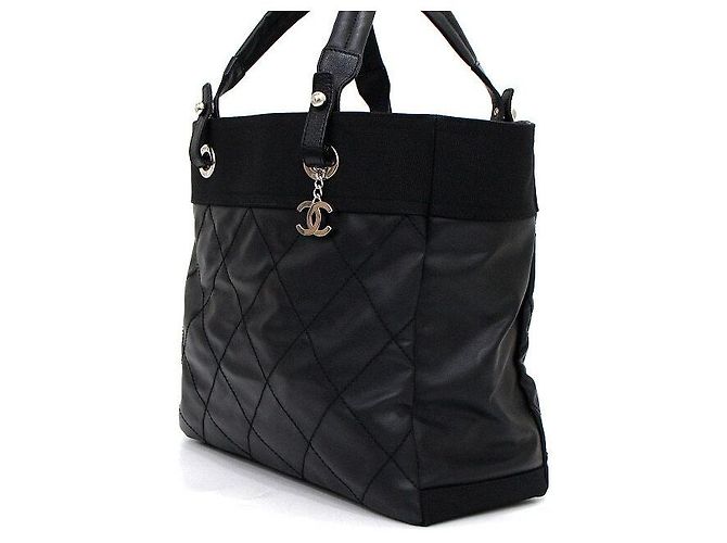 Chanel Borsa Shopper Biarritz MM in pelle e tessuto nera - vista 2