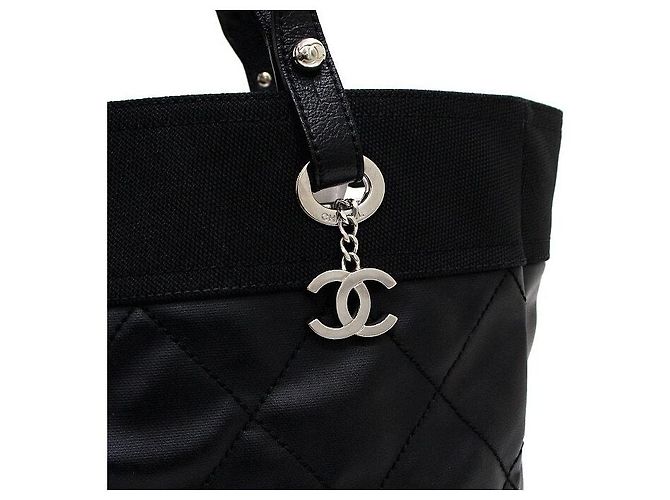 Chanel Borsa Shopper Biarritz MM in pelle e tessuto nera - vista 9