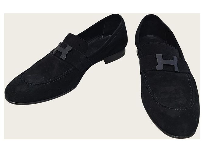 Hermès Mocassino Paris in pelle di capra scamosciata nera - vista 3