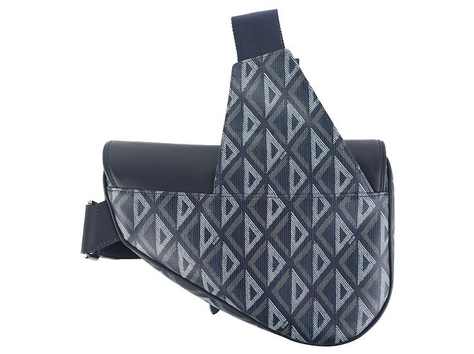 Dior Borsa Saddle in vitello liscio e tela Diamond blu navy - vista 3