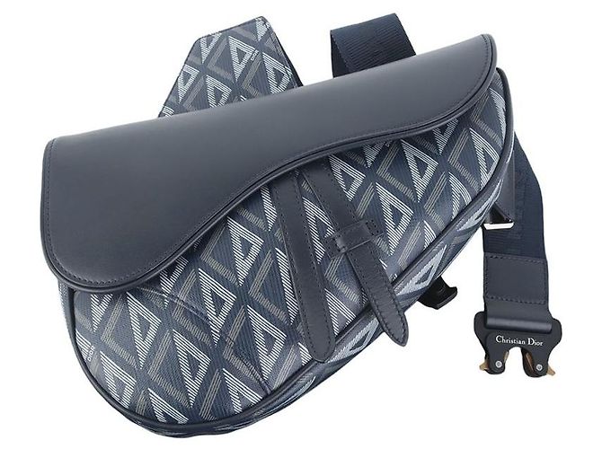 Dior Borsa Saddle in vitello liscio e tela Diamond blu navy - vista 8