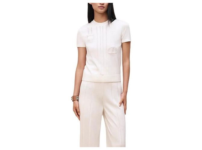 Hermès Kurzarm-Pullover für Damen aus Strick halbe Ärmel Blanc Nacre - Ansicht 2