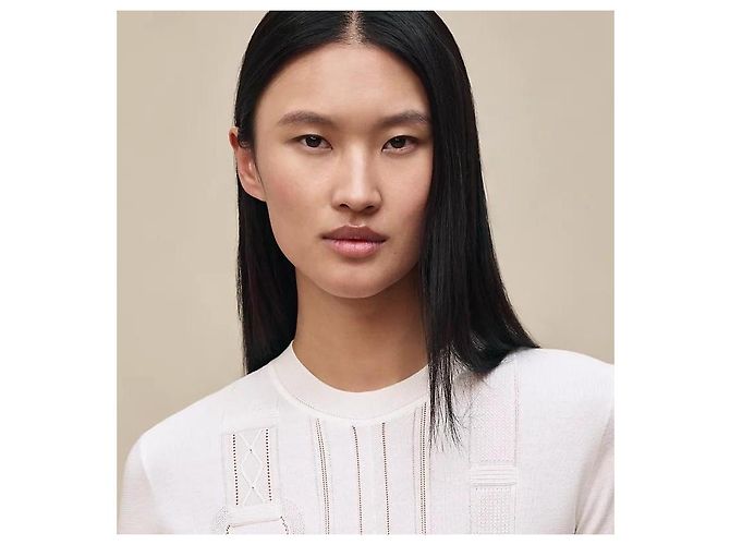 Hermès Kurzarm-Pullover für Damen aus Strick halbe Ärmel Blanc Nacre - Ansicht 4