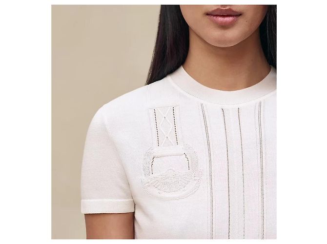 Hermès Kurzarm-Pullover für Damen aus Strick halbe Ärmel Blanc Nacre - Ansicht 5