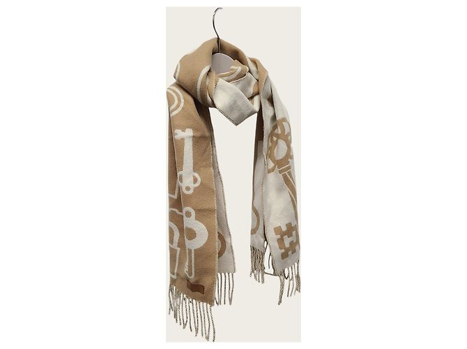 Hermès Sciarpa in cashmere Camel Blanc Carré Portefeuille - vista 3