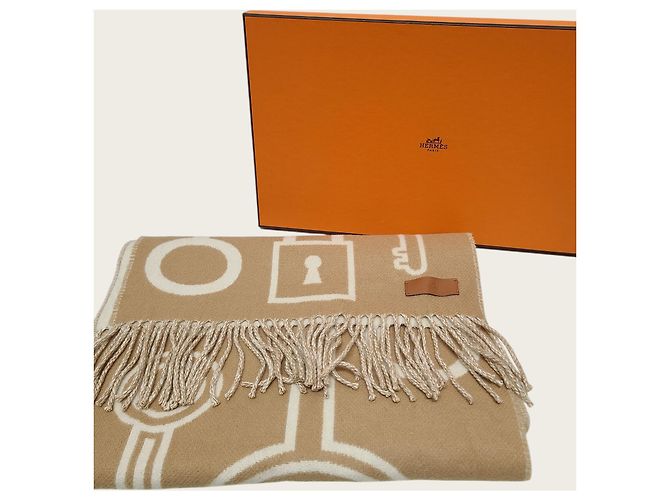 Hermès Sciarpa in cashmere Camel Blanc Carré Portefeuille - vista 7