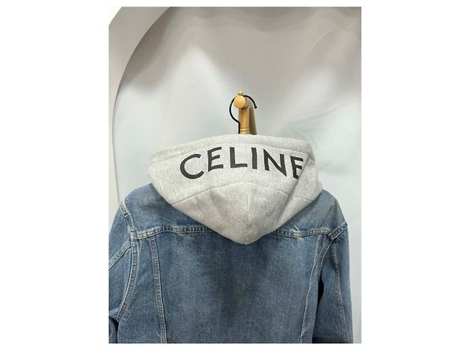 Céline Giacca in denim con cappuccio e logo bianco - vista 2