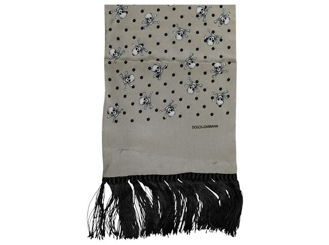 Dolce & Gabbana Sciarpa foulard in seta con frange e teschi grigi da uomo - vista 2