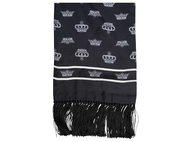 Dolce & Gabbana Foulard sciarpa da uomo in seta nera con frange Crown - vista 2
