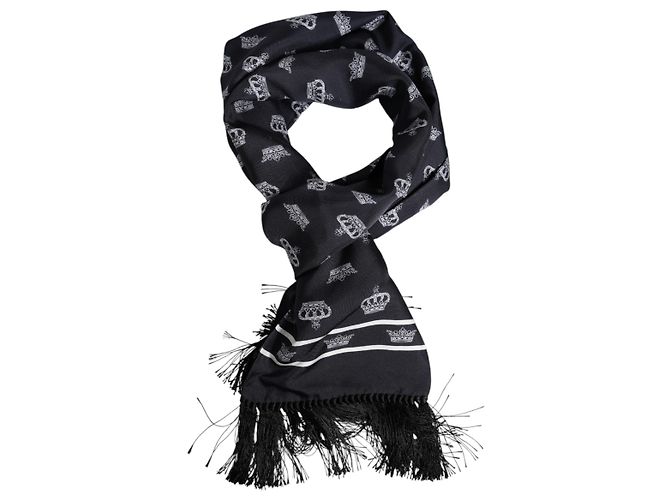 Dolce & Gabbana Foulard sciarpa da uomo in seta nera con frange Crown - vista 3